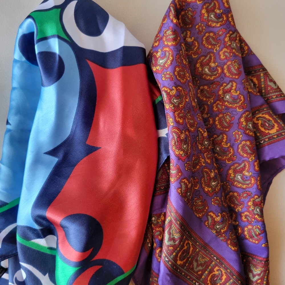 Scarf Duo ~ 80's (?) Purple Paisley (Vintage?) & Euro-Style Motif